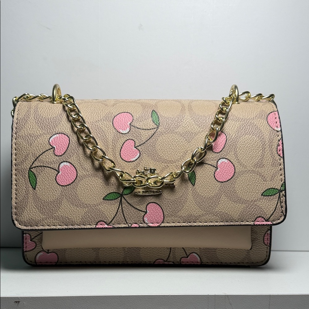 Elegant Pink Cherry Shoulder Bag with Gold Chain